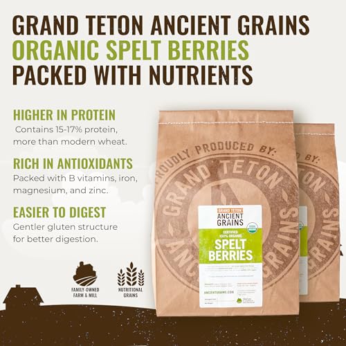 Grand Teton Ancient Grains - 100% Organic Spelt Berries, Whole Unmilled Spelt Berries, US-Grown Farro Organic Grain, Nutritious Baking Staple