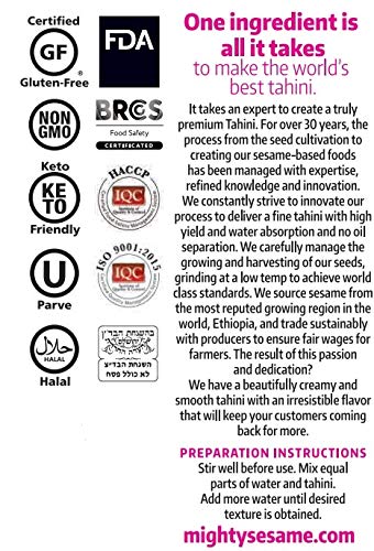 Mighty Sesame Co. Classic Bulk Size 100% Pure Tahini, (6.6 lb Pail) Just One Ingredient, Gluten Free, Vegan, Non GMO, Keto Friendly, Kosher, Halal