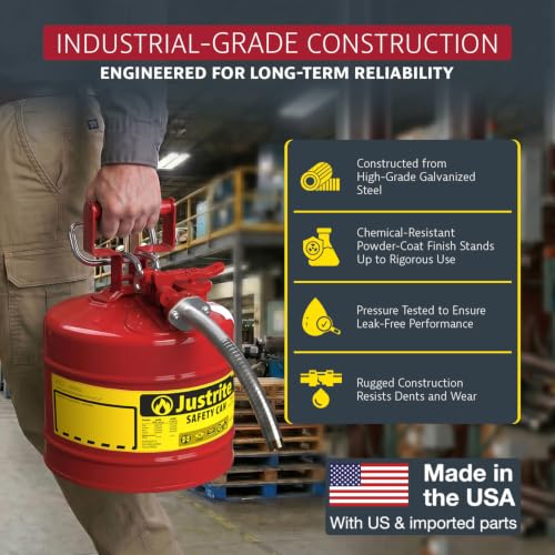Justrite Type II Gasoline Safety Can, Red Galvanized Steel, FM Approved | Flammable Liquid Storage Can with Controlled Pouring, 5 Gallon Capacity