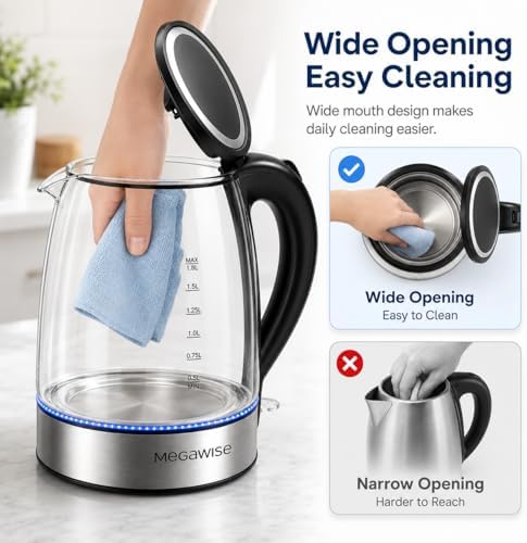 MEGAWISE 1.8L Electric Glass Kettle with Auto Shut-Off and Blue LED