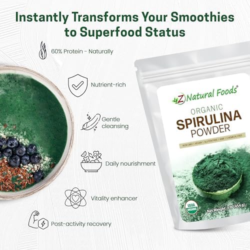 Z Natural Foods Organic Spirulina Powder - 16 oz (Pack of 1) | Organic, Blue-Green Algae Superfood, Spirulina, Raw, Contains Amino Acids, Mixes in Smoothies, Yogurt & Recipes