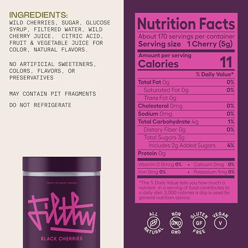 Filthy Amarena Black Cherries, Premium Cocktail Garnish - 45 Oz Tin, 1 Pack | All Natural Ingredients, Wild Italian Amarena Black Cherry for Whiskey Cocktails - Non-GMO, Gluten Free, Vegan