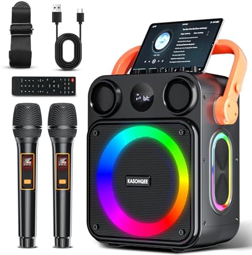Karaoke Machine with 2 Wireless Microphones for Adults & Kids, 8000mAh Portable Bluetooth Speaker PA System with Lights, Supports AUX in/TF Card/FM/REC, Microphone Speaker Set for Home Party, Outdoor