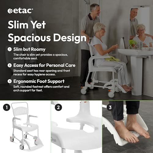 Etac Clean 24" Self-Propelled Shower Chair with Wheels - 21 3/4 Inch Fixed Height with 24 Inch Rear Wheels - Shower Wheelchair for Elderly and Disabled - Movable Armrest & Ergonomic Footrest