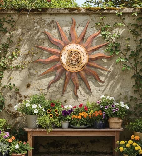 Regal Art & Gift Handcrafted Metal Sun Wall Decor, Rustic Sunburst Wall Art | Copper Patina, 40 in, Metal, Rust-Resistant Sunburst Sculpture, Eye-Catching Accent for Patio, Garden & Home