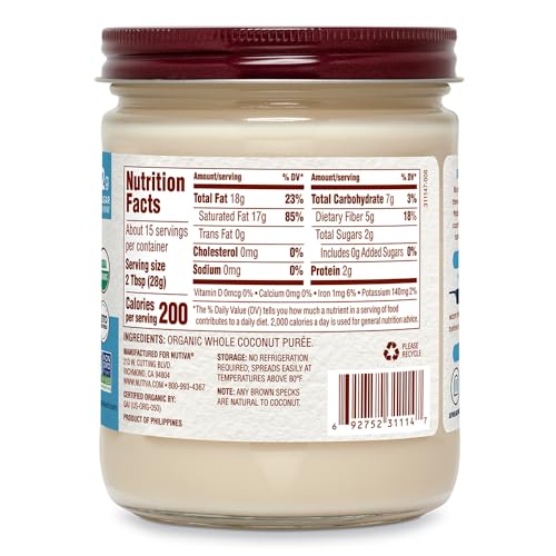 Nutiva Organic Coconut Manna Puréed Coconut Butter, 15 Oz, USDA Organic, Non-GMO, Vegan, Gluten-Free & Keto, Creamy Spread for Smoothies, Oatmeal
