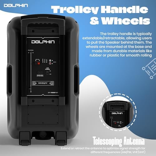 Dolphin Large Bluetooth Party Speaker with Wired Microphone, 15" Woofer | 140W Output, WaveSync Pairing, X-Bass, Digital EQ, USB, SD, FM & AUX Inputs