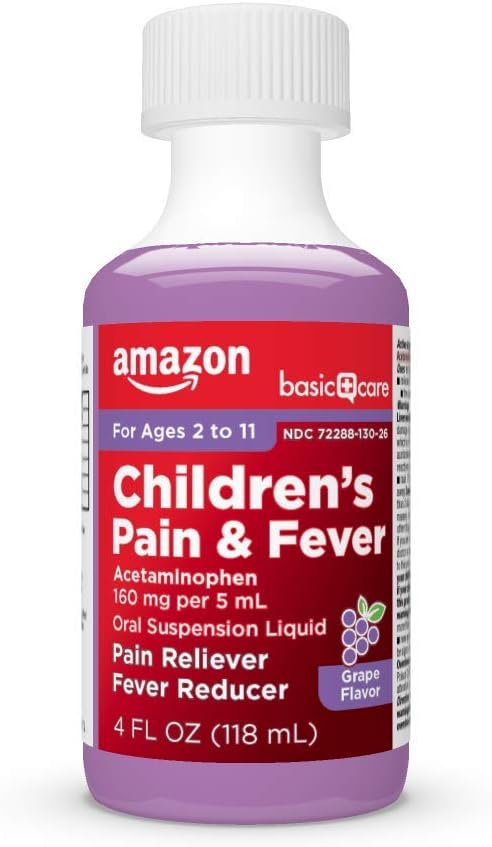 Amazon Basic Care Children's Acetaminophen 160 mg per 5 mL Oral Suspension, Grape Flavor, Pain Reliever and Fever Reducer, 4 fl oz