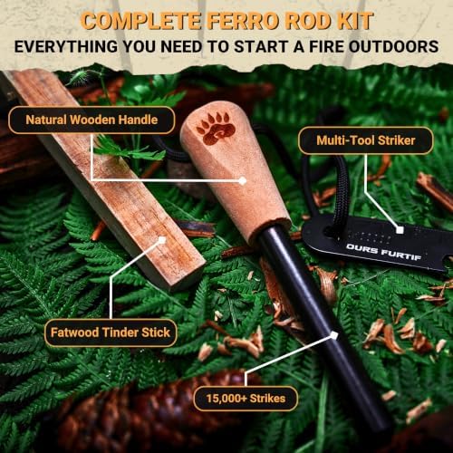 Ferro Rod Fire Starter Kit with Fatwood Tinder Stick - 3/8" Thick Ferrocerium Flint and Steel Fire Starter