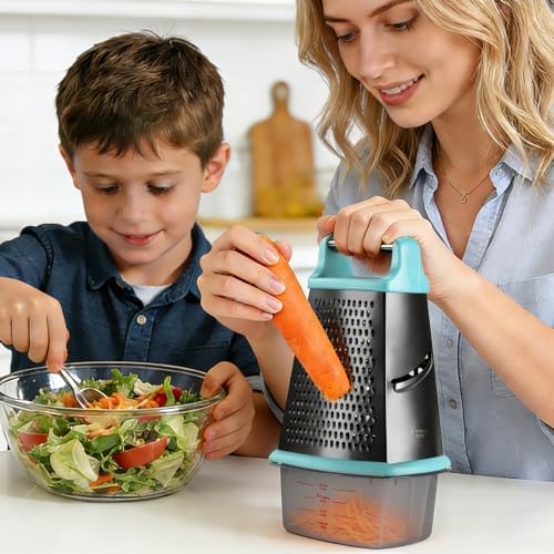 Ourokhome Cheese Grater with Handle, Stainless Steel Box Grater, 4 Side Kitchen Vegetable Shredder Slicer Zester with Container for Parmesan, Cabbage
