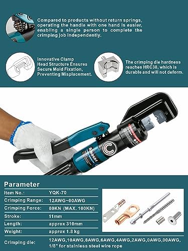 10 Ton Hydraulic Battery Cable Crimper, 180° Rotating Head | Electricians & Contractors, Easy One-Hand Operation