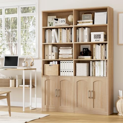 Bookshelf and Bookcase with Doors, Double Wide Large Bookshelves | Industrial Open Display Shelves 6 Tier, 73'' Tall Bookshelf with Storage Cabinets for Office,Home, Living Room, Library,White