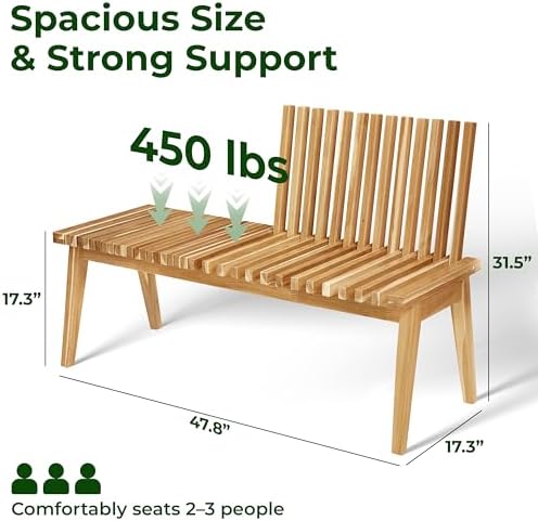 Melino Wooden Bench Outdoor 47" Convertible Acacia Wood Bench, Solid Wood Indoor Patio Benches for Outdoors