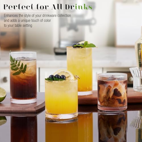 Ribbed Drinking Glasses Cups Set of 8 Large Capacity Highball 17oz&12oz | Rocks Cocktail Glasses Ideal for Beer, Juice, Water, Ice Coffee Cup, Whiskey
