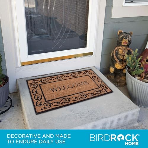 BIRDROCK HOME Welcome Coir Doormat with Scroll Border | 18 x 30 Inch | Standard Welcome Mat with Black Decorative Border | Natural Fade | Vinyl