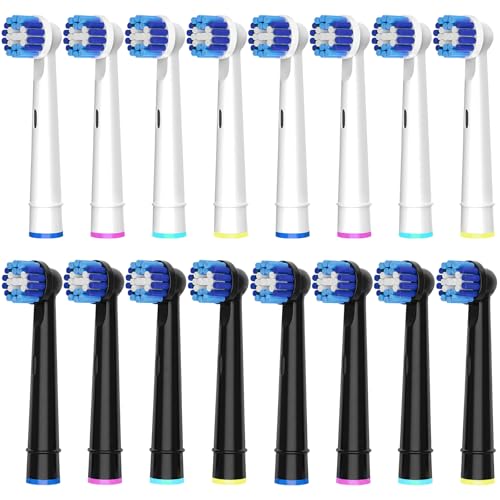 16 Pack Precision Replacement Brush Heads Compatible with Oral B Braun Electric Toothbrush. 8pcs White and 8pcs Black.