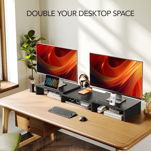 AMERIERGO Dual Monitor Stand Riser- 3 Shelf Screen Stand with Adjustable Length and Angle, 2 Extra Functional Slot Desktop Organizer Stand for PC