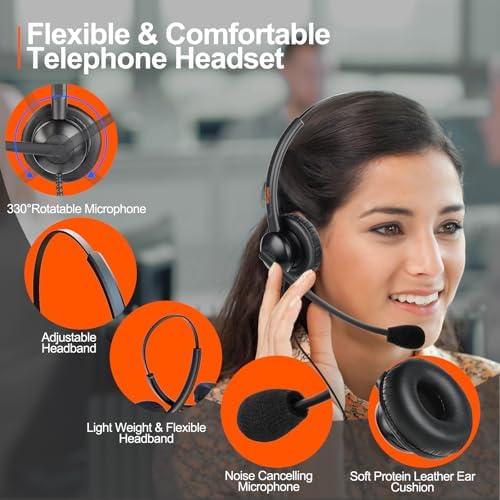 Lightweight Telephone Headset with 2.5mm Bottom Cable and Mute Button for Office Calls, Works with Cisco Polycom Panasonic Landline IP Desk Phones