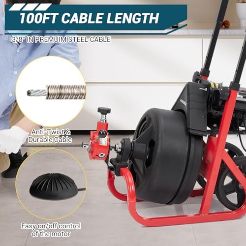 100Ft x 3/8 Inch Drain Cleaner Machine, 370w Electric Drain Auger Machine with Auto-Feed & 6 Cutters, Sewer Snake Auger with Wheels