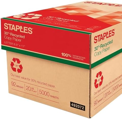 Staples 30% Recycled 8.5-Inch X 11-Inch Copy Paper 20 Lbs 92 Brightness 500/Ream, For Office, School & Home