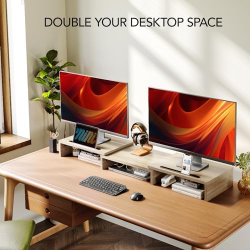 AMERIERGO Dual Monitor Stand Riser- 3 Shelf Screen Stand with Adjustable Length and Angle, 2 Extra Functional Slot Desktop Organizer Stand for PC