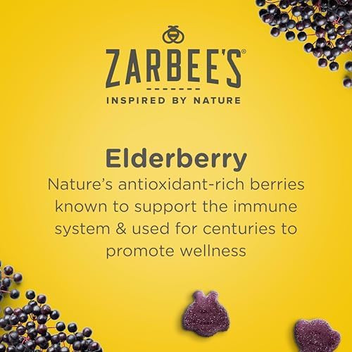 Zarbee's Kids Elderberry Immune Support Gummies, 60 ct | For Kids Ages 12+ Years, Real Elderberry, Vitamins A, C, D3, E & Zinc, No Artificial Sweeteners or HFCS
