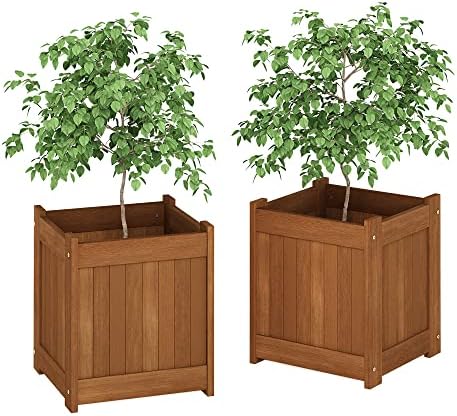 Furinno 2-FG16450 Tioman Hardwood Flower Box, Two-Pack, Natural | 15.4 x 15.4 x 17.7, Flower Box, Garden Box, in Teak Oil, Outdoor Indoor, Garden, Patio, Balcony