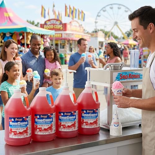 Snappy Bubble Gum Sno Cone Syrup, 1 Gallon 4 Pack, Ready to Use for Snow Cone Machines and Shaved Ice