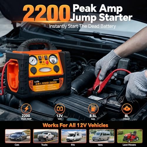 Portable Jump Starter with Air Compressor, FlyAuto 2200A Battery Booster for Cars, Trucks & SUVs, Up to 8.5L Gas & 8.0L Diesel, 150PSI Tire Inflator