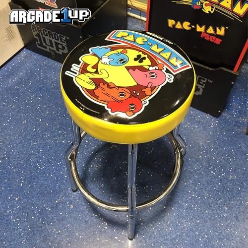 Arcade1Up Adjustable Padded Arcade Game Stool, Steel Frame, Pac-Man, 21.5" to 29.5"- with Leg Extenders, Padded Seat, and Chrome Steel Finish for Home