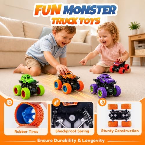 4 Pack Monster Trucks Toys for Boys 2 3 4 5 6 7 Year Old, Friction Powered Pull Back Car Toys for Toddlers Kids Ages 3-5 2-4 4-7