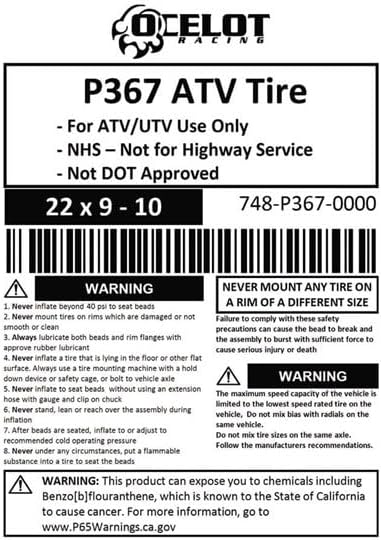 P367 22x9-10 ATV UTV All-Terrain Tire with 6-ply Construction, OEM Style Tread, Wide Footprint for Mud and Soft Dirt