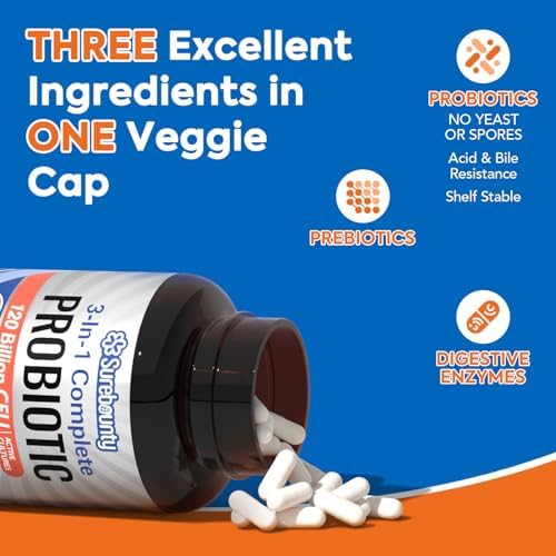 Probiotics 120 Billion CFU, Probiotics for Men & Women, Prebiotics + Digestive Enzymes, Highest Potency, 3-in-1 Complete Probiotic, 30 Capsules