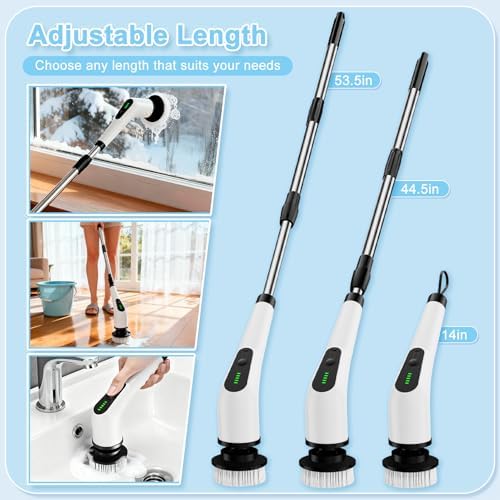Electric Spin Scrubber, Cordless Cleaning Brush with 8 Replaceable Brush Heads, Shower Scrubber with Adjustable Extension Handle