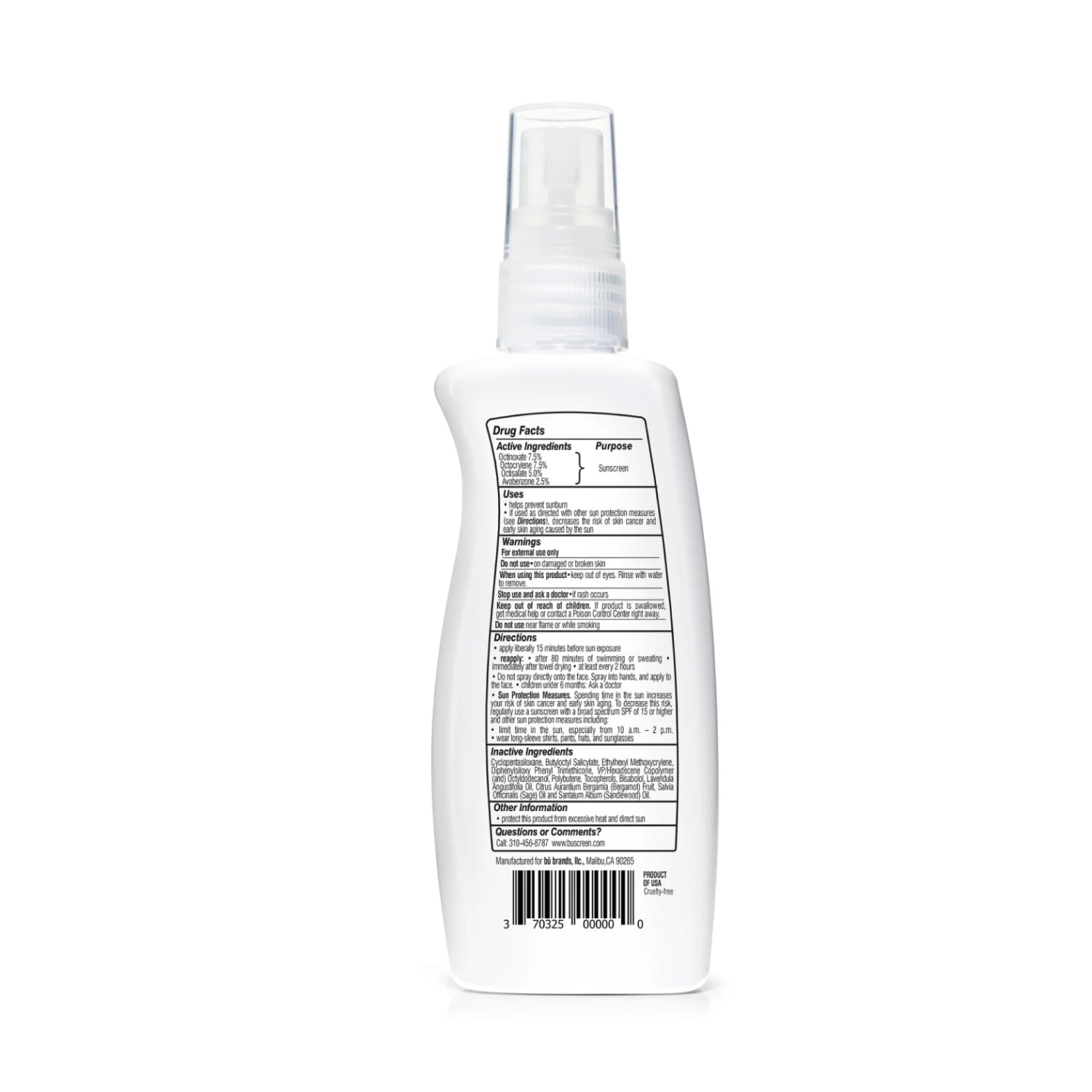 BU SPF 30 Sunscreen Spray for Face and Body, Non Aerosol Spray, Ultrafine WOWmist, TSA Travel Size Sunscreen, Clear, Non Greasy, Water Resistant, White Sage 3.3 oz