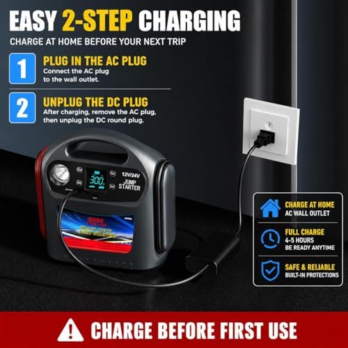 8000A Car Battery Jump Starter, Heavy Duty Jump Box for Gas & Diesel Vehicles, 12V/24V Portable Power Pack with LED Light for Trucks, SUVs