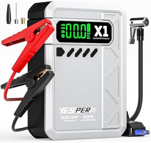 YESPER Jump Starter with Air Compressor 2000A 150PSI Battery Jumper Starter Portable(8L Gas/6L Diesel), 12V Car Jump Pack Battery Charger Jump Box with Jumper Cables, LCD Display, Lights | 2000A Battery Jumper Starter Portable(8L Gas/6L Diesel), Car Batt…