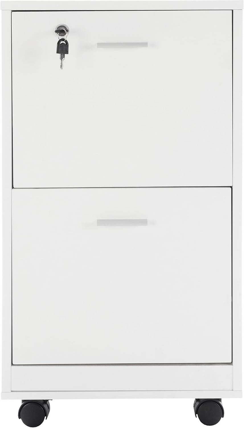 File Cabinet - 2-Drawer Cabinet with Lock and Deep Drawer Storage - Rolling Filing Cabinet for Under The Desk, Home, or Office by Lavish Home (White)