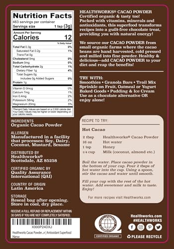 Healthworks Superfoods Organic Cacao Powder 1 lb Unsweetened Vegan Non-GMO | Organic, Unsweetened, Antioxidant, Magnesium, Non-GMO, Vegan, Keto, For Baking, For Smoothies, For Hot Chocolate, Paleo