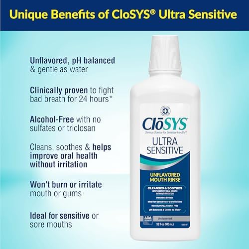 CloSYS Ultra Sensitive Mouthwash, 32 Oz, Alcohol Free Mouthwash, Unflavored Mouth Wash, Dye Free, pH Balanced, Helps Soothe Entire Mouth | Unflavored Mouth Wash, Dye Free, pH Balanced, Helps Soothe Entire Mouth