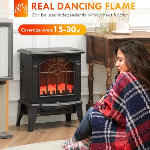 HOMCOM Electric Fireplace Stove 18" Freestanding Fireplace Heater Black | Realistic Flame, Overheating Protection, Portable, 750W/1500W