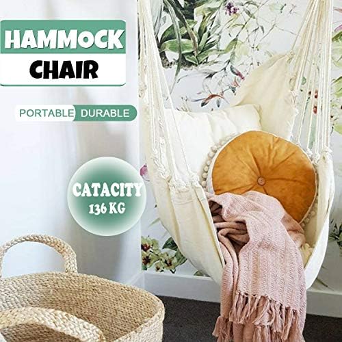 Hammock Chair Hanging Rope Swing Seat for Indoor Outdoor, Sturdy Cotton Weave Hammock Swing