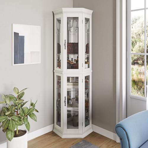 BELLEZE Lighted Wooden Corner Display Curio Cabinet, Two Section Shelving Unit with Tempered Glass Door