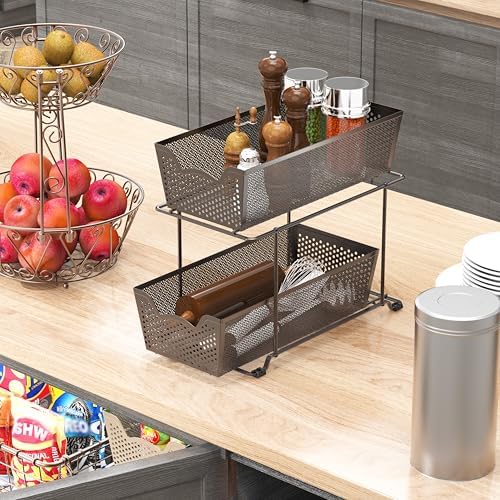 Simple Houseware 2 Tier Sliding Cabinet Basket Organizer Drawer, White