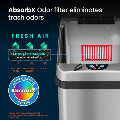 iTouchless Touchless Trash Can with AC Adapter, 3 Odor Filters Big Lid Opening Sensor Kitchen Garbage Bin, 13 Gallon, Stainless Steel, Platinum