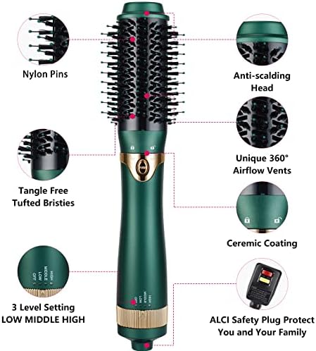 3 in 1 Hair Dryer and Volumizer, Ceramic Negative Ion Curling Dryer Styler with 3 Interchangeable Brush Heads, Green