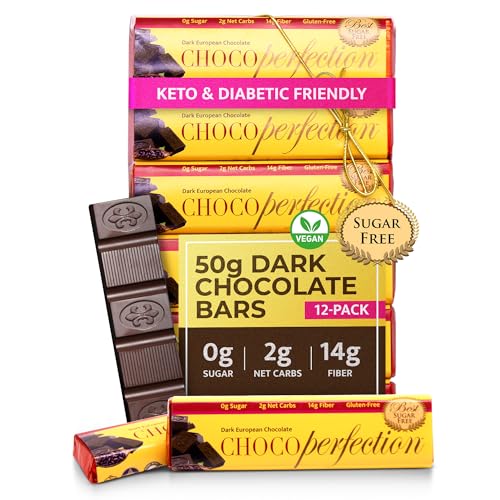 ChocoPerfection Dark Chocolate Bars - No Sugar Low Carb Snack - 12 Pack 50G