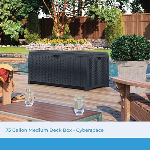 Suncast Outdoor Storage Box - 73 Gallon Mocha Brown Deck Box for Patio, weather-resistant Outdoor Storage Bench, Resin Wicker Style, Heavy-Duty, Lockable Lid for Cushions, Shoes, Pool & Garden Gear