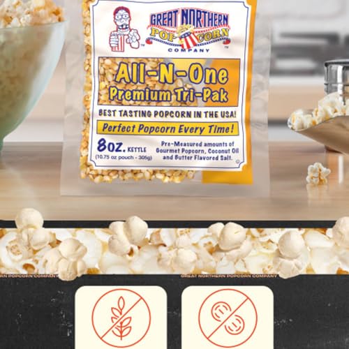 Movie Theater Style 40-Count Popcorn Packs - Pre-Measured 8-Ounce All-in-One Kernel, Salt, Oil Packets for Popping Machines by Great Northern Popcorn | All-in-One Pre-Measured Kernels, Butter Flavored Salt, and Coconut Oil Packets for 8oz Kettle - Movie…