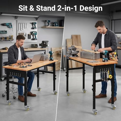 48" Adjustable Workbench, 8-Level Height Adjustable Rolling Work Table with Casters & Scale, Sit & Stand 2-in-1 Garage Tool Table with Pegboard & Hooks, for Workshop, Warehouse, DIY Projects